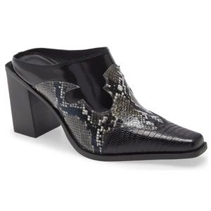 Jeffrey Campbell Black and Gray Snakeskin Block Heel Mules